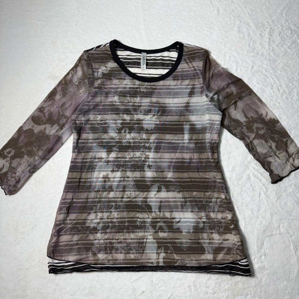 Y2K Floral Mesh 3/4‎ Sleeve Top Shirt M Gray Black Lined Boho Cottage Cubism LA